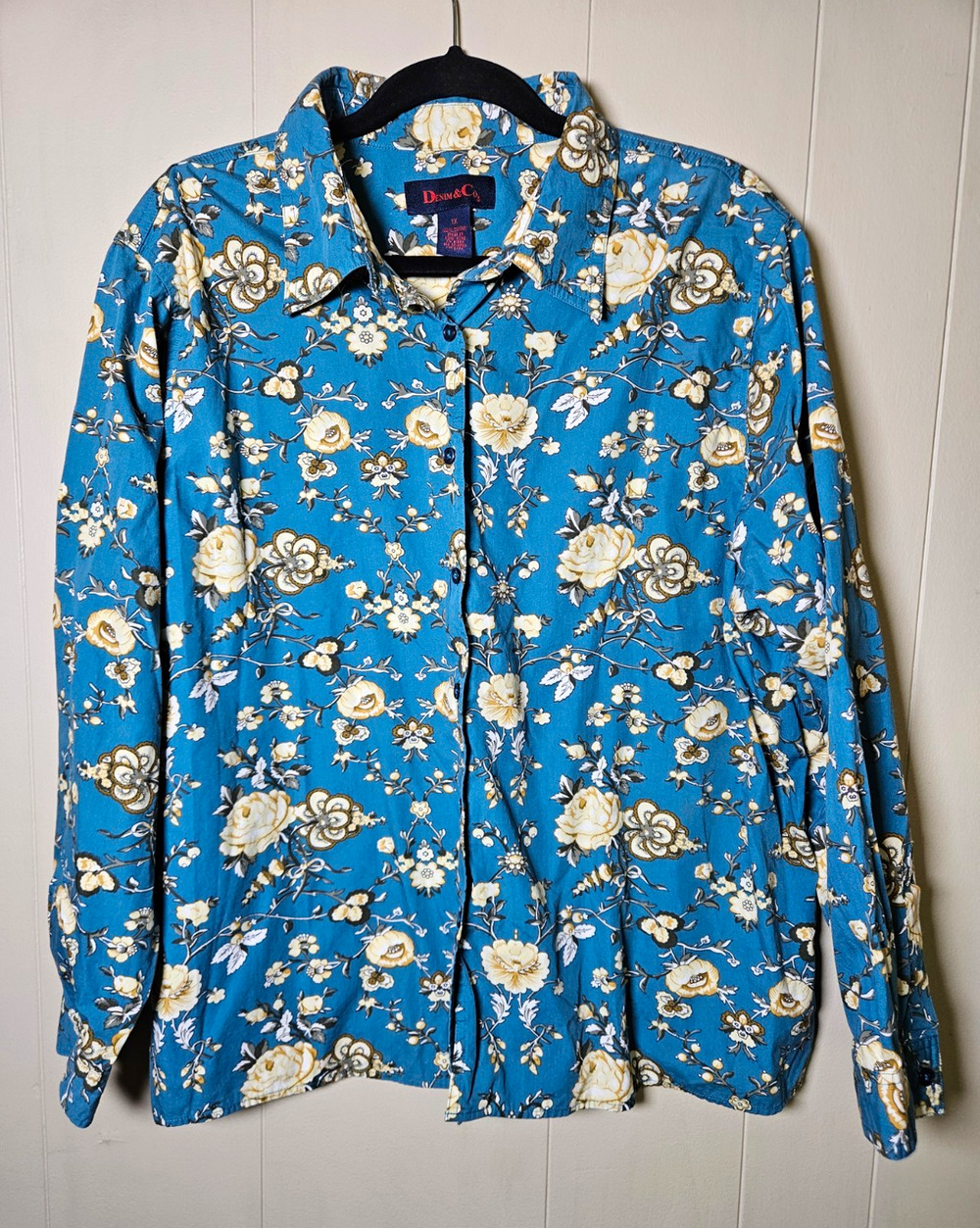 Denim & Co. Size 1X Plus Blue White Floral Woven Cotton Collared Button-Up